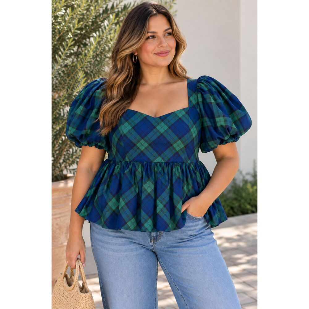 Old Navy Blue Green Plaid Puff Sleeve Smocked Peplum Blouse XL NWT